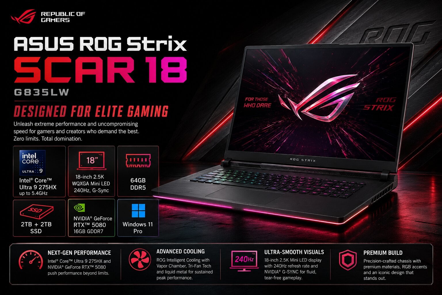 Laptop Gaming ASUS ROG Strix SCAR 18 G835LW, procesor Intel® Core™ Ultra 9 275HX 5.4GHz, 18", 2.5K WQXGA, Mini LED, 240Hz, G-Sync, 64GB DDR5, 2TB + 2TB SSD, NVIDIA® GeForce RTX™ 5080 16GB GDDR7, Windows 11 Pro #2